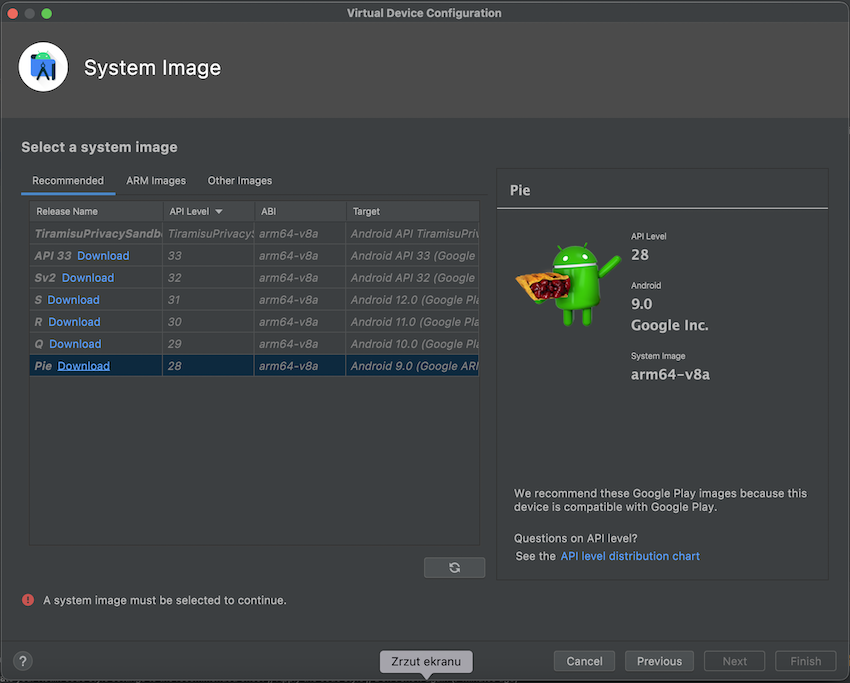 Android Studio, kreator urządzeń, wybór obrazu systemu