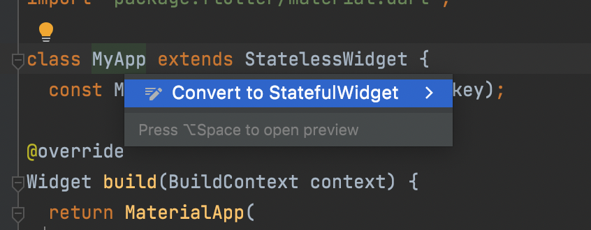 Akcja konwersji na widget stanowy we Flutterze i Android Studio