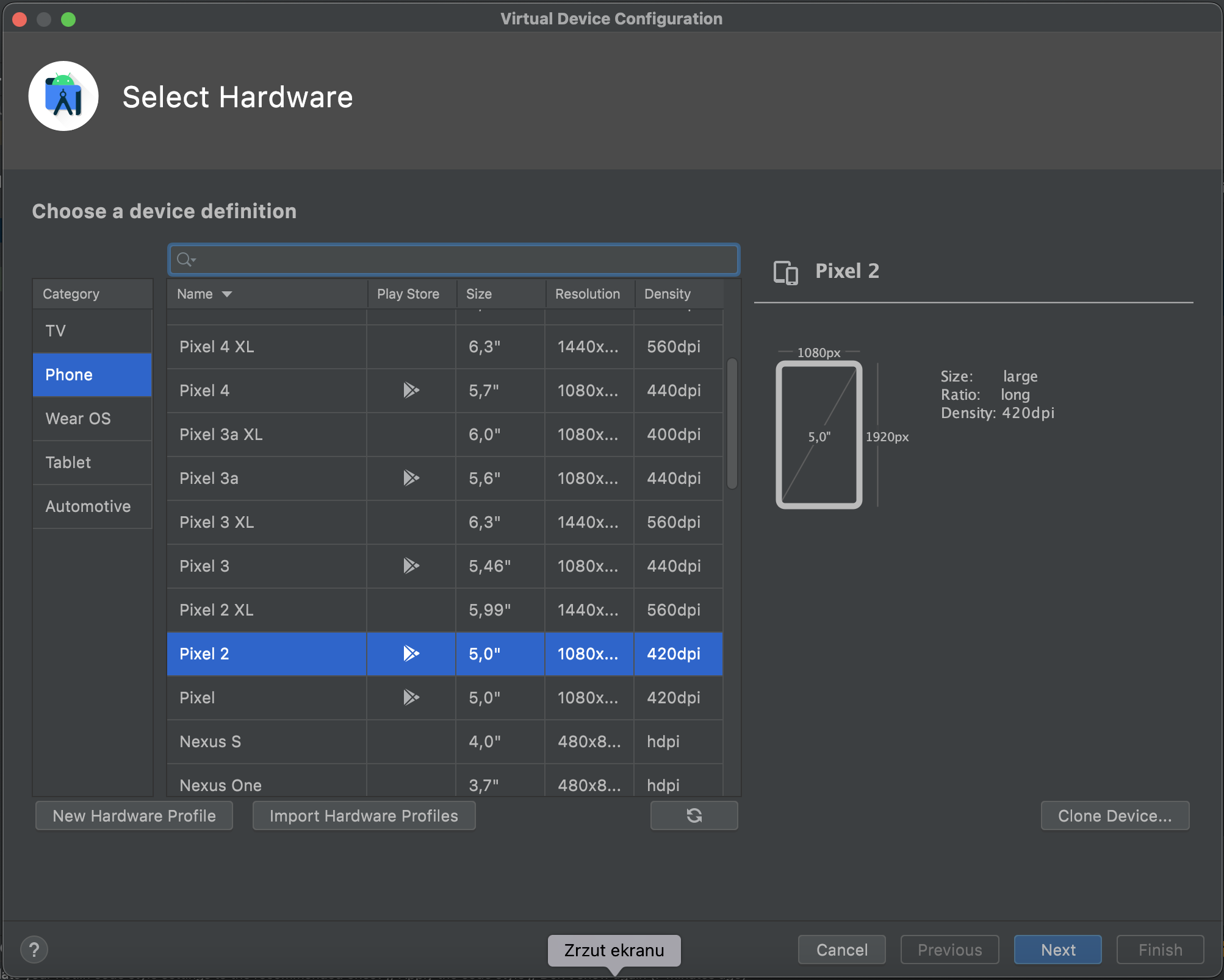 Android Studio, kreator urządzeń, wybór sprzętu